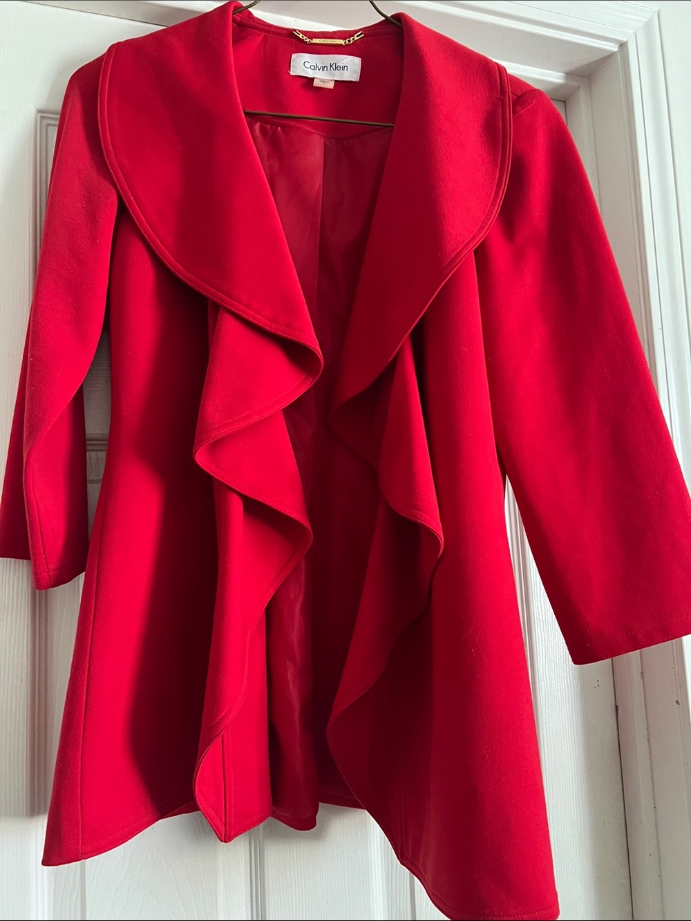 Calvin Klein Red Ruffle Front Open Blazer
